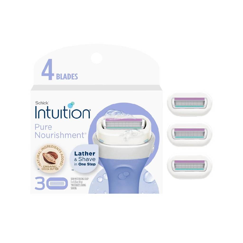 Intuition 4-Blade Pure Nourishment Women's Razor Blade Cartridge Refills, 3Ct, Lather & Shave In One Step, With Organic Cocoa Butter